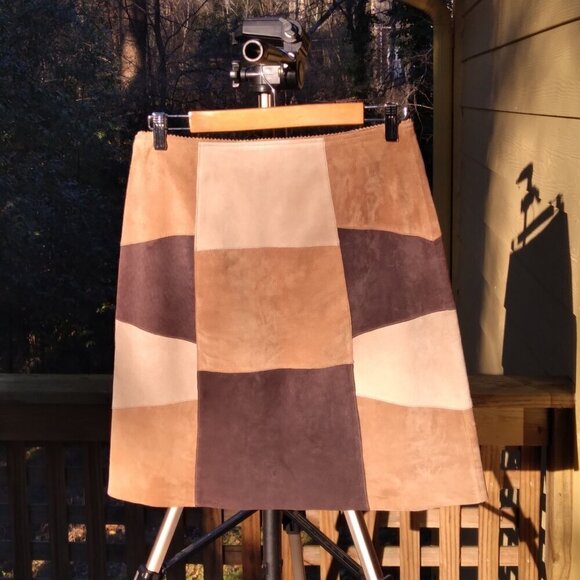 Limited Too Vintage 90's 3 Shades of Brown Suede Patchwork Mini Skirt Sz 16 - Picture 3 of 7